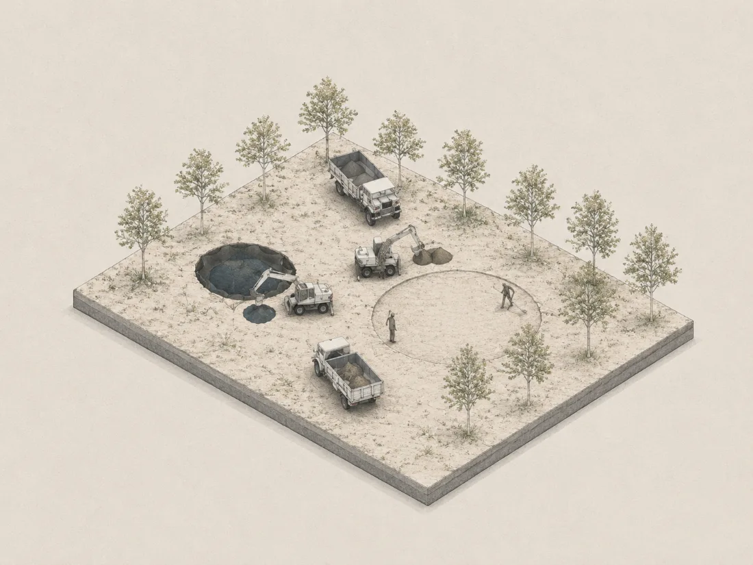 Contaminated soil extracted; residual pits remain
